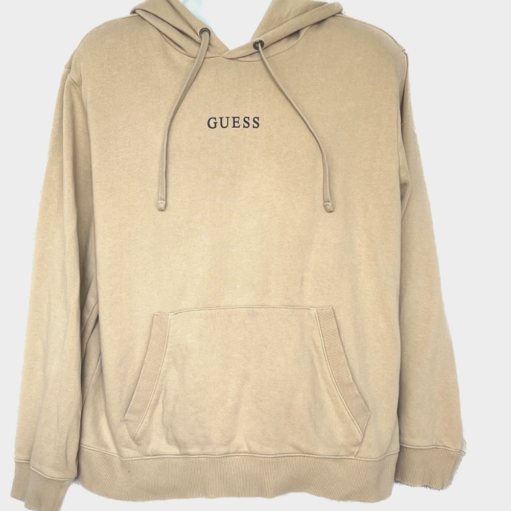 Guess Hoodie Size Large Tan Pullover Drawstring Logo 100% Cotton